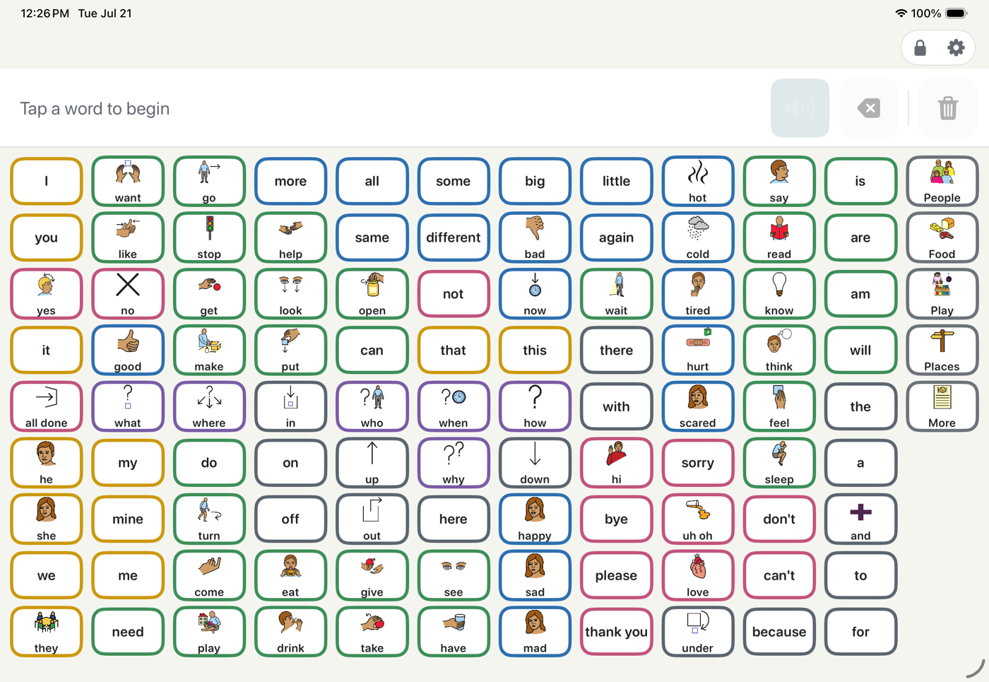 Effara's full board: all ninety-nine core words visible in the same fixed layout, each word in the same relative position as at every smaller size.