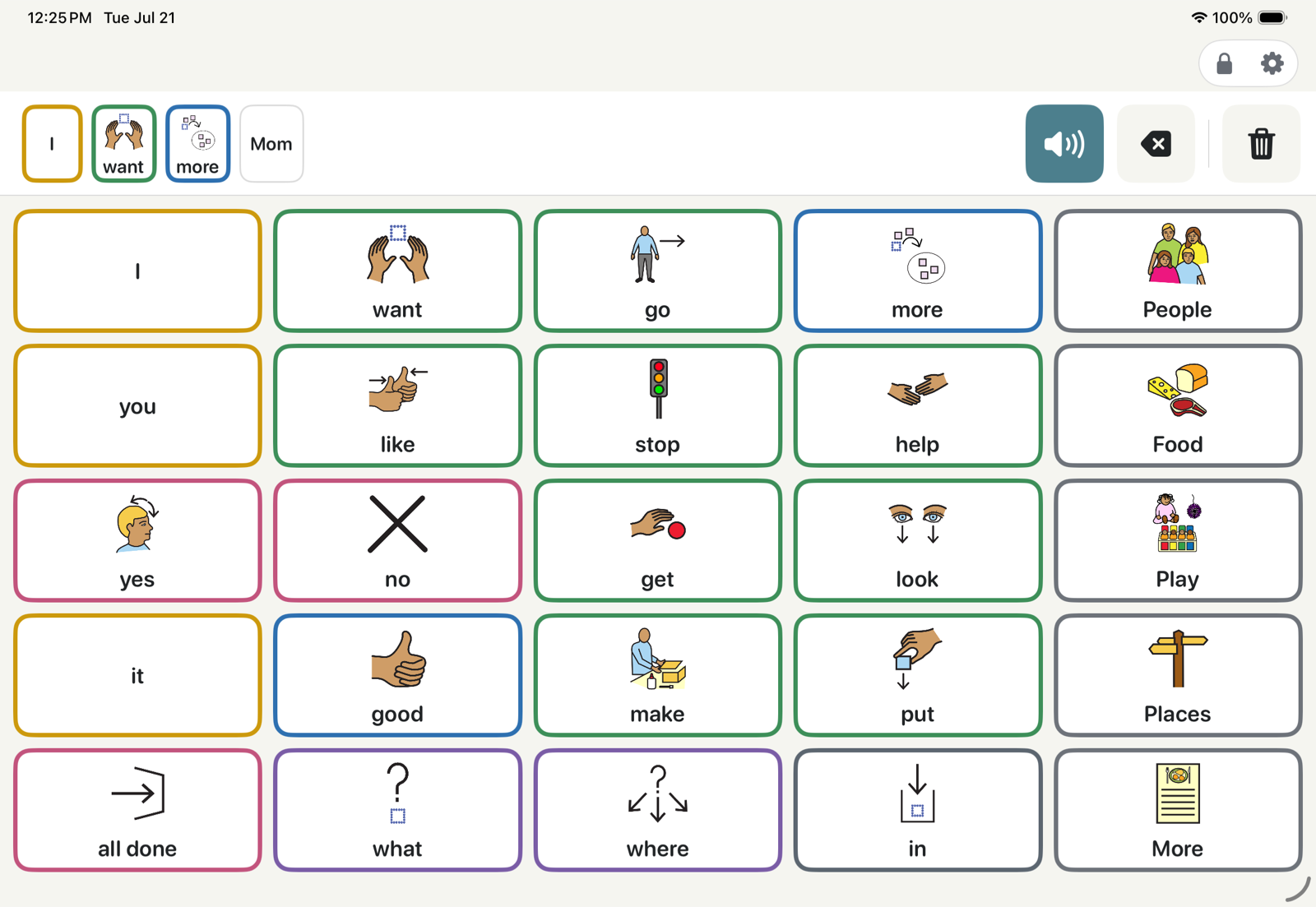 The Effara core board on iPad: a grid of symbol buttons in calm part-of-speech colors — I, want, go, more, help, stop — with the message bar reading 'I want more Mom' and folders for People, Food, Play, and Places.